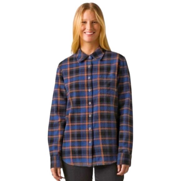 prAna Organic Flannel Shirt Rich Sapphire Blue Plaid Cozy Fall Layering Sz S NWT - Picture 2 of 11